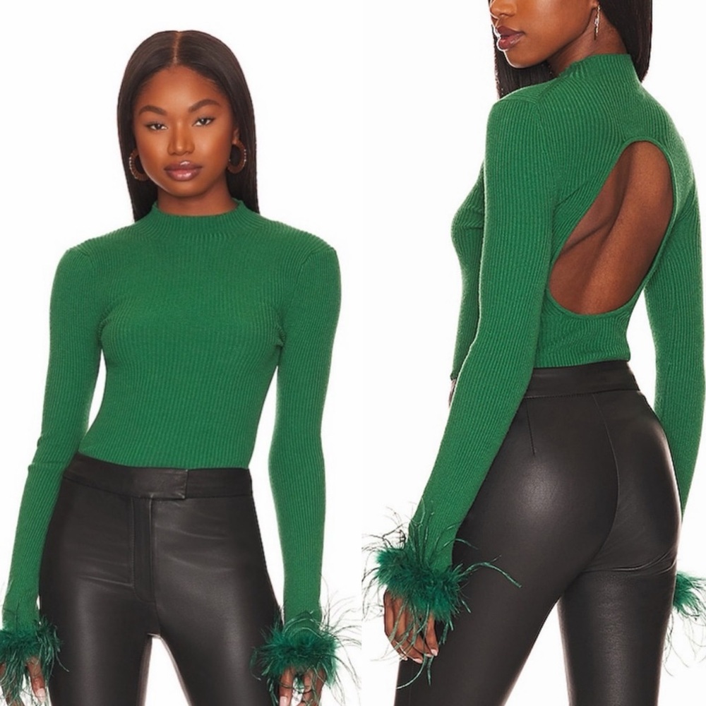 Lovers and Friends Relena Ribbed Open Back Top Green Feather Cuffs – Size L